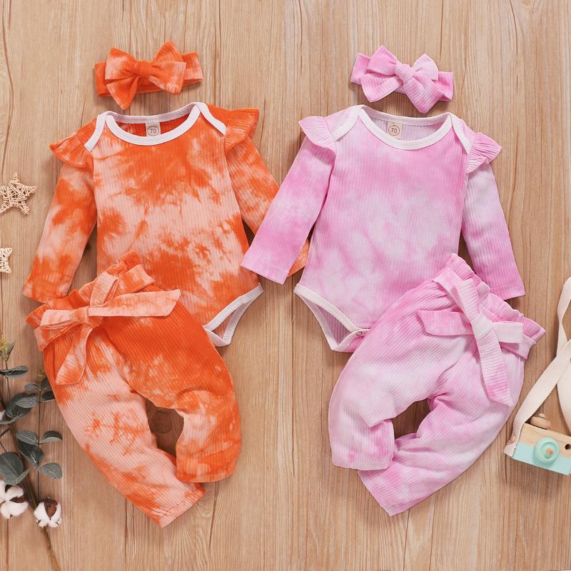 

2020 Newborn Baby girl clothes set tie dye-print long sleeve pullover romper and long pants , headband 3pcs pjamas set Outfit, Orange