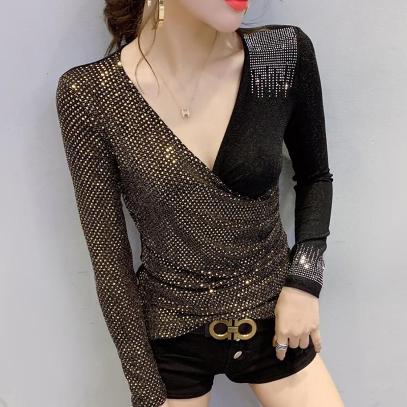 

Top T-shirt 2020 spring sequins diamond pleated slim sexy v neck t shirts for women long sleeve t shirt women mesh shirt tshirt, Black