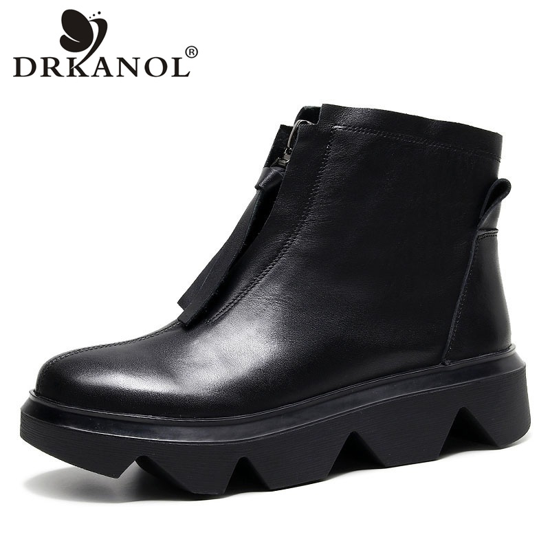 

DRKANOL Fashion Women Boots 2020 New Autumn Handmade Genuine Leather Wedge Ankle Boots For Women Retro Platform Casual, Black