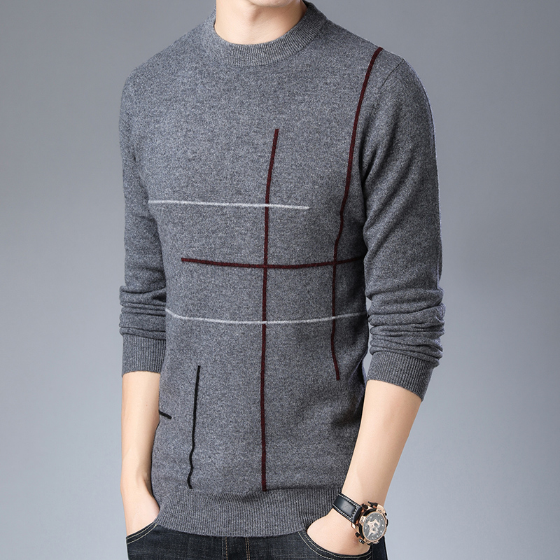 

Male 100% Wool Sweater Pullovers Autumn Striped Mens Cashmere Sweater Long Sleeve, Gray