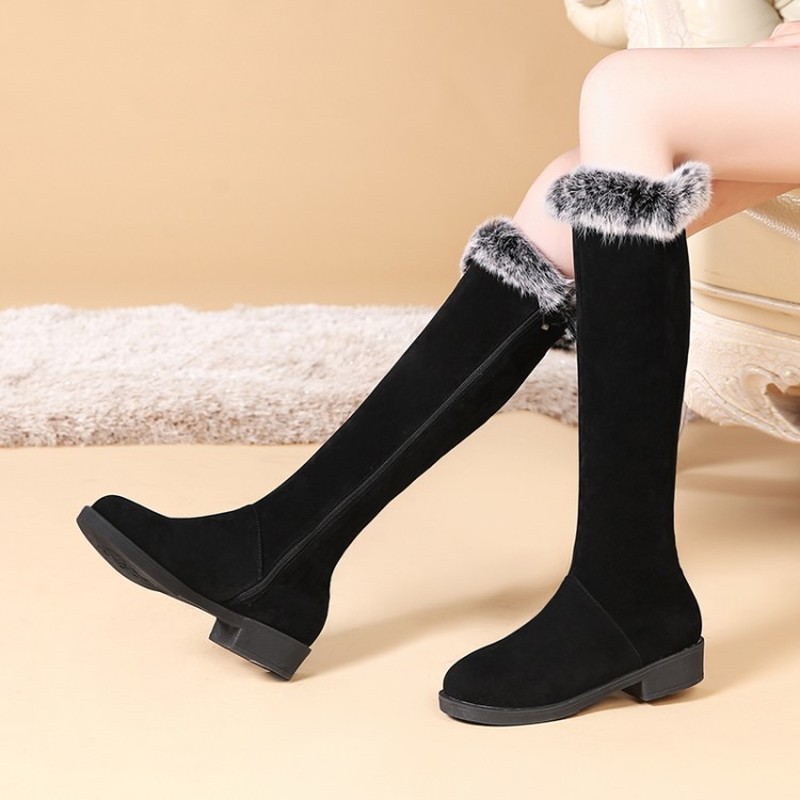 

Women Boots Female Winter Shoes Woman Fur Warm Snow Boots Fashion Square Low Heels Knee High Black Red women MAZIAO