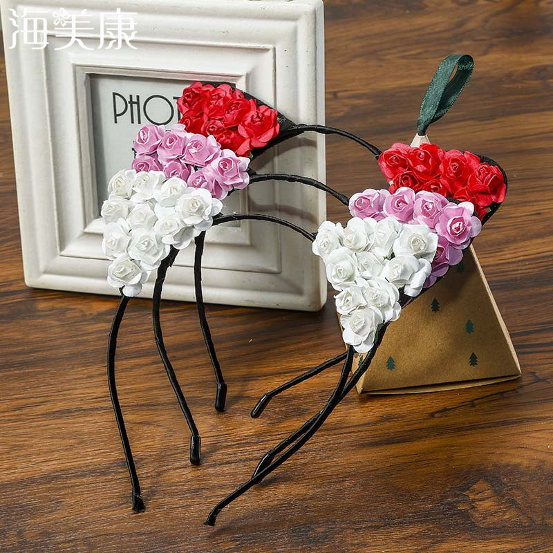 

Haimeikang Cat Ears Girls Hairband Little Rose Flower Headband For Women 14 Colors Cute Party Ball Flower Hair Accessories