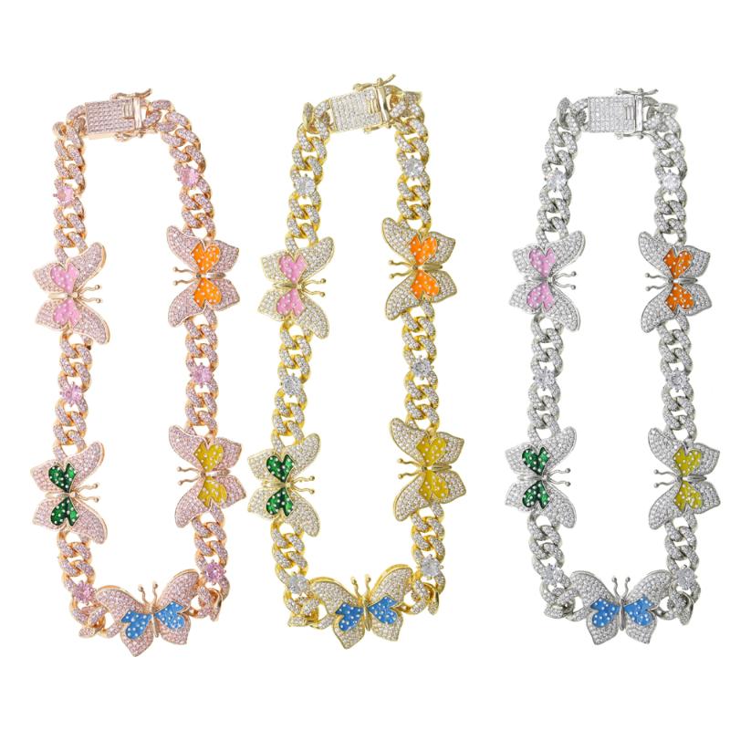 

Iced out Multi color Enamel CZ Butterfly Necklace 12mm Iced Out Bling Miami Cuban Chain Butterfly Choker Hip hop Women Jewelry