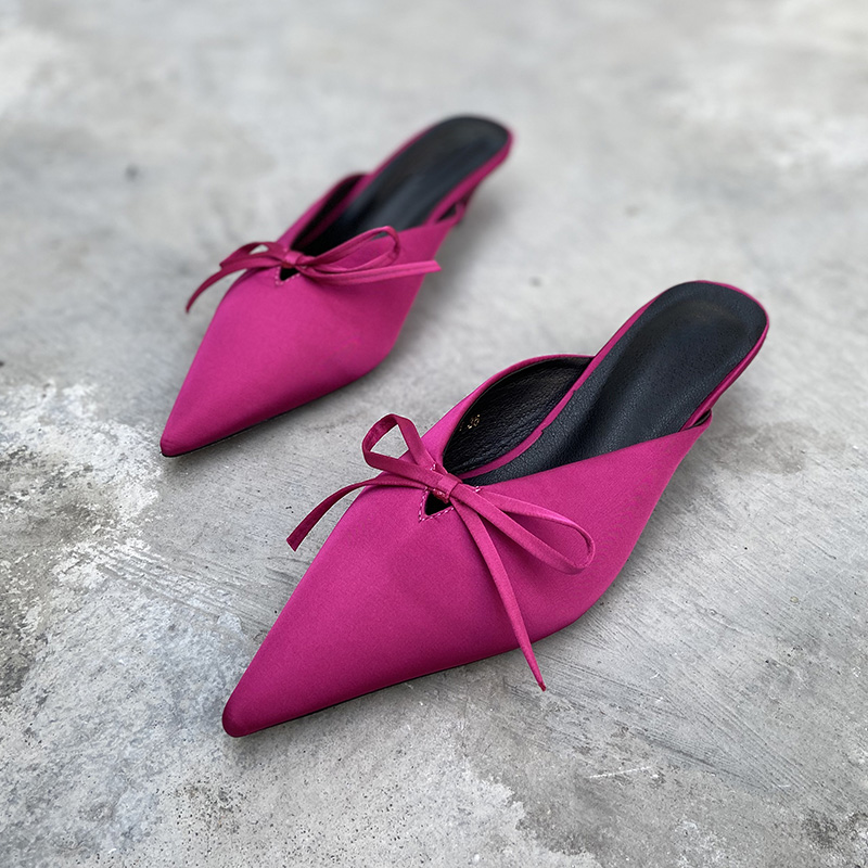 

DEAT 2020 New Spring Summer Fashion Bow Pointed Outside Half Middle Heel Baotou Lazy Muller Slippers Shoes Women SE715, Green