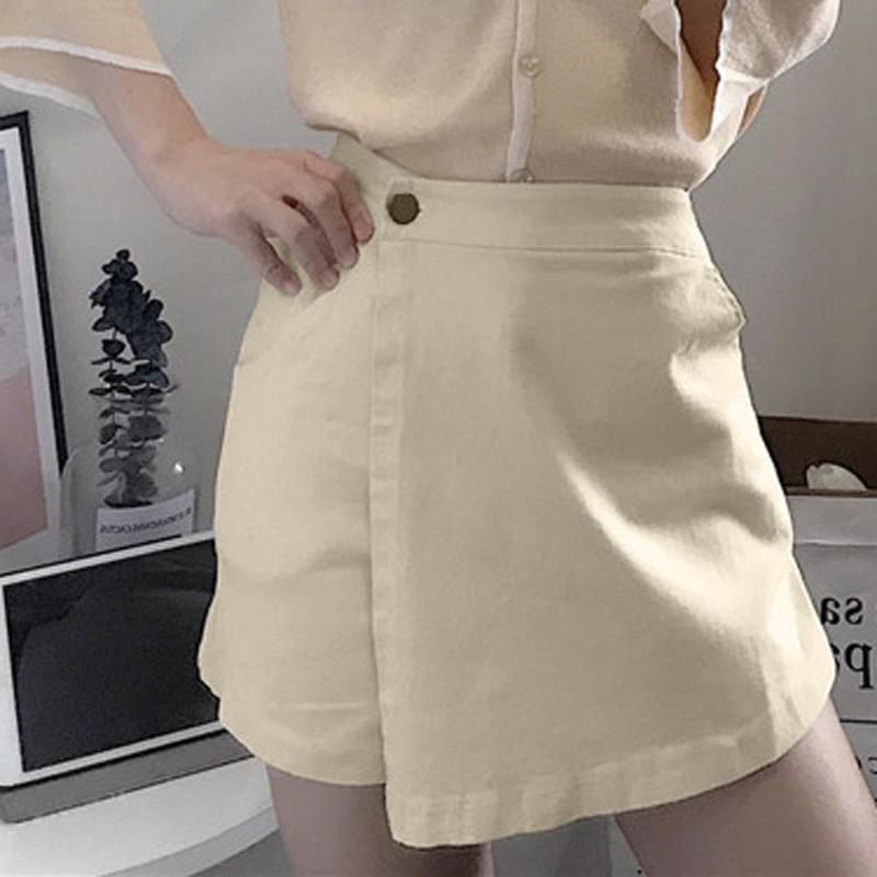 

Fashion Women New Summer Casual Sweet Short culottes Loose High Waist Button Pure Color Short Jeans Wide Leg Pants Party Pants, Beige