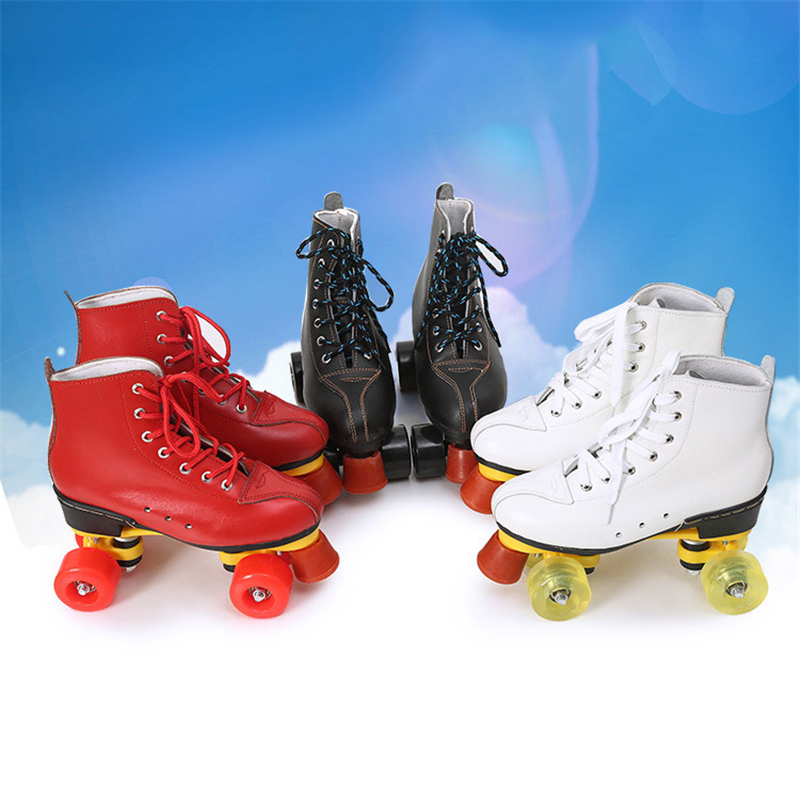

JK Quad Skates PU Leather Roller Skates Adult Double Line Two Line Skating Shoes Patines PU Flash or no Flash Wheels, Black2- black wheel