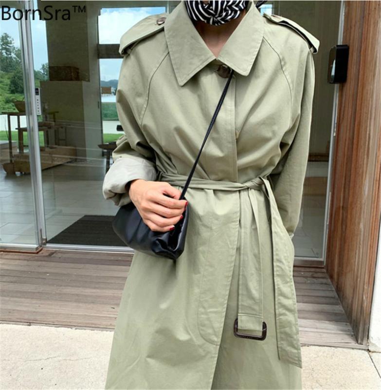 

BornSra 2020 Spring Winter Loose Women Trench Coat with Sashes Oversize Vintage Overcoats Female Windbreaker Outwear Long Coat, Green