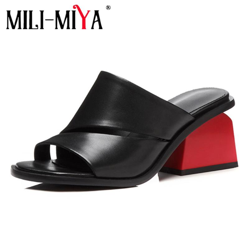 

MILI-MIYA New Fashion Cow Leather Women Summer Sandals Thick High Heel Party Shoes Peep Toe Ladies Slippers Footwear Size 34-42, Black