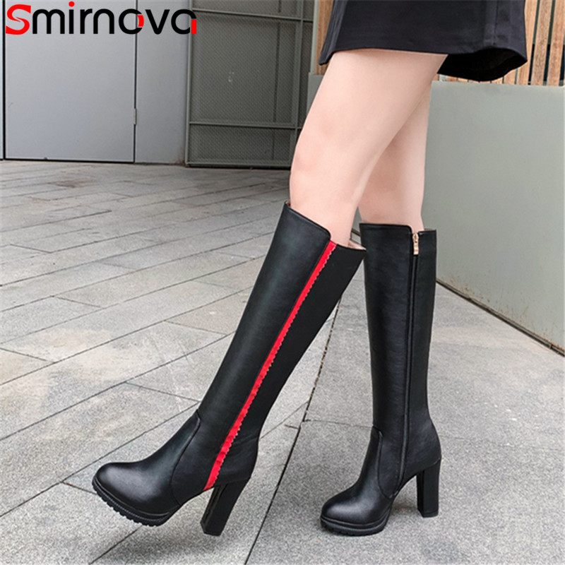 

Smirnova Plus size 34-43 New women boots thick high heels round toe zipper black autumn winter boots fashion ladies high, Brown not fur