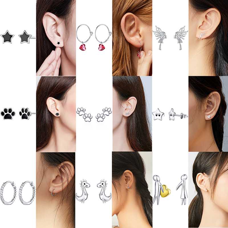 

WOSTU 20 types Authentic 925 Sterling Silver Stackable Daisy Stud Earrings For Woman Clear CZ Floral Flower Earring Jewelry