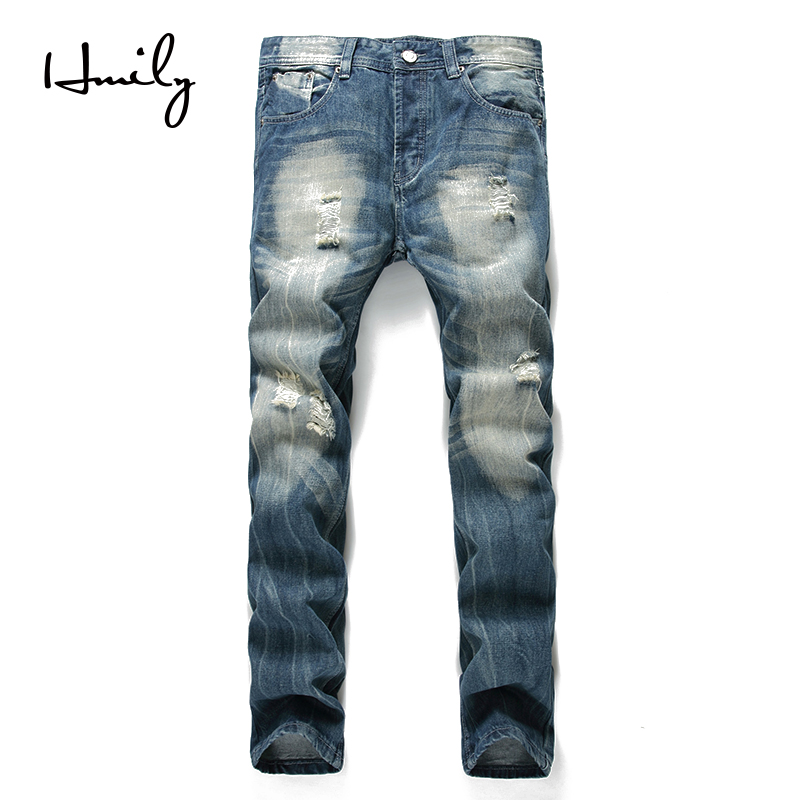

HMILY Cotton Denim Men's Trousers Jeans Retro Hole Cool Trousers Spring Summer Hip Hop Casual Jeans For Male Big Size Pants, Blue