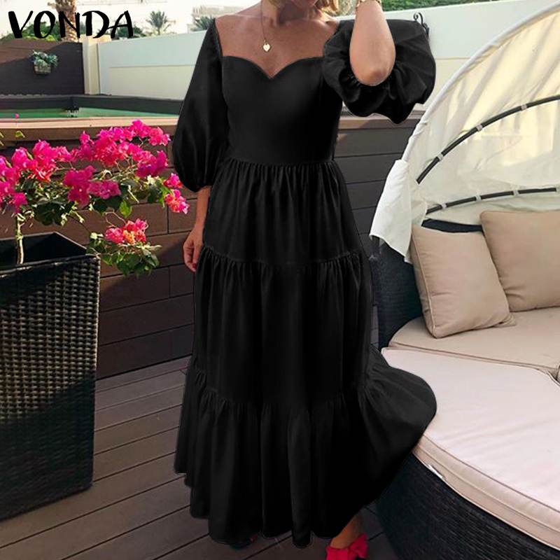 

White Dress Women Summer Sundress 2020 VONDA Sexy 3/4 Sleeve Square Collar Ruffled Party Maxi Long Dress Beach Vestido Plus Size, Black;gray