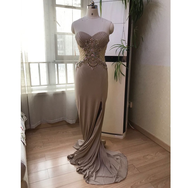 

Stock Clean Mermaid Prom Dresses Jersey Skirt Long High Split Dress For Formal Party Beads Belt Sexy Prom Evening Gowns, Khaki