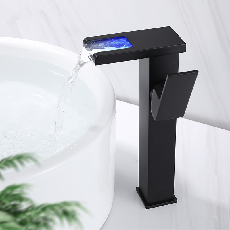 

Tuqiu Basin Faucet LED Bathroom Waterfall Faucet Black Brass Basin Faucet. Bathroom Mixer Tap Deck Mounted Sink Mixer Tap
