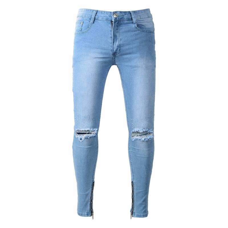 

Top quality 2020 Fashion Casual men jeans men's blue slim hip hop beggar teenagers ripped hole locomotive fold Distressed pants, Sky blue