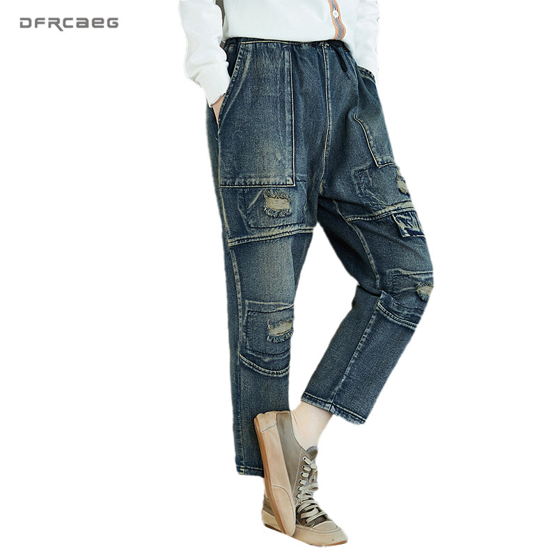 

Vintage Boyfriends Ripped Woman Jeans 2020 Spring Elastic Waist Streetwear Casual Ladies Denim Pants Trousers Pantalones, Blue
