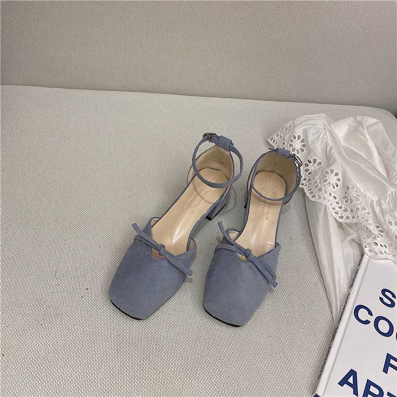 

Summer New Korean Style Bow All-match Square Suede Shallow Shoes Chunky Heel Retro Sandals Women's Shoes Fashion, Beige