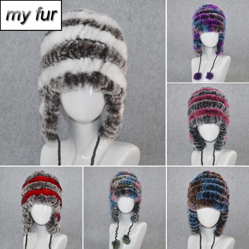 

Outdoor Winter Women Striped Genuine Rex Fur Hat Warm Soft Pompoms 100% Natural Fur Hats Lady Casual Knit Beanies Cap, Coffee white