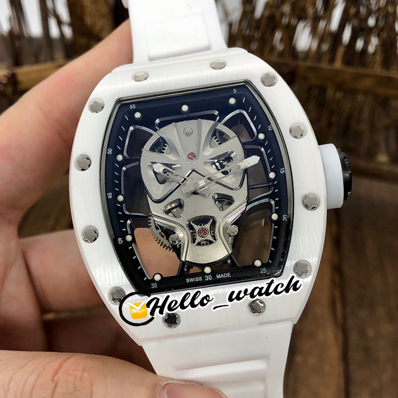 

New White Ceramic Case RM52-06 RM052 Skeleton Skull Dial Miyota Automatic Mens Watch Black Inner White Rubber Sport Watches Hello_watch, Extra strap