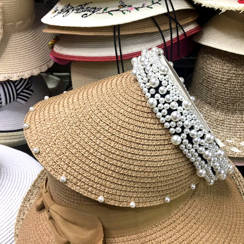 

Summer Fashion College Style Pearl Topless Hat Women's Beach Outdoor Sun-resistant Versatile Straw Hat, Yellow