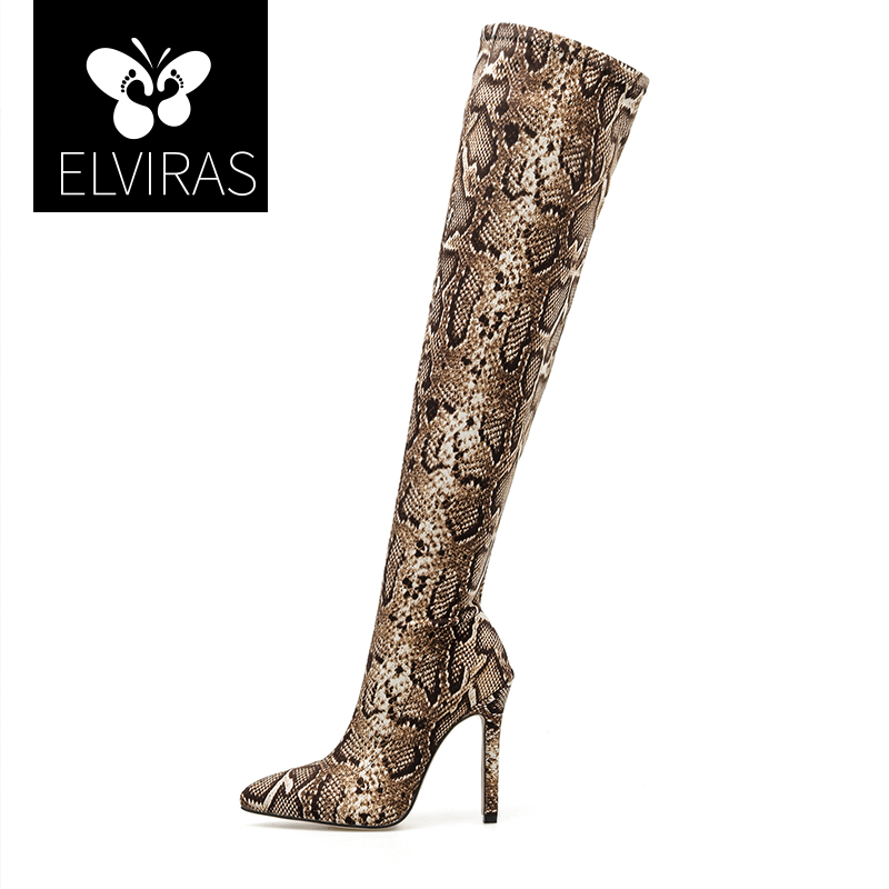

ELVIRAS Winter Snake Over The Knee Women Boots Stretch Fabrics High Heel Slip on Shoes Pointed Toe Woman Long Boots Size 35-42, Serpentine brown