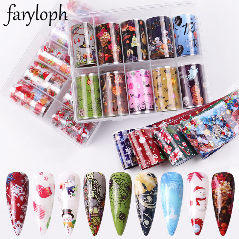 

10 Pcs Foils Nail Set Nail Art Decorations For Christmas Halloween DIY Tips Slider Papers Decoration Transfer Sticker