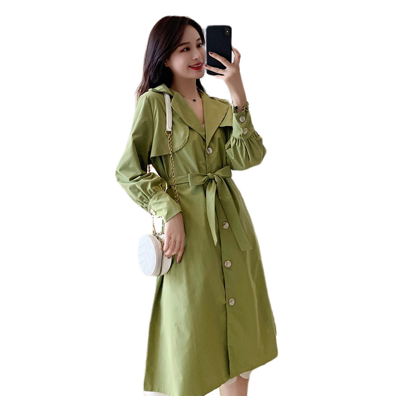 

Spring Long Trench Coat For Women Loose Solid Lacing Suit Collar Lantern Sleeve Autumn Korean Style Plus Size Women Windbreakers, Green
