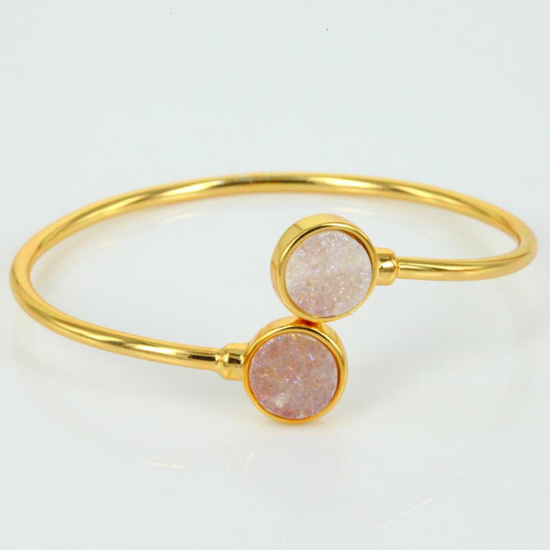 

2020 multi colors pink rainbow golden blue purple round druzy stone golden copper alloy adjustable open bangles for women