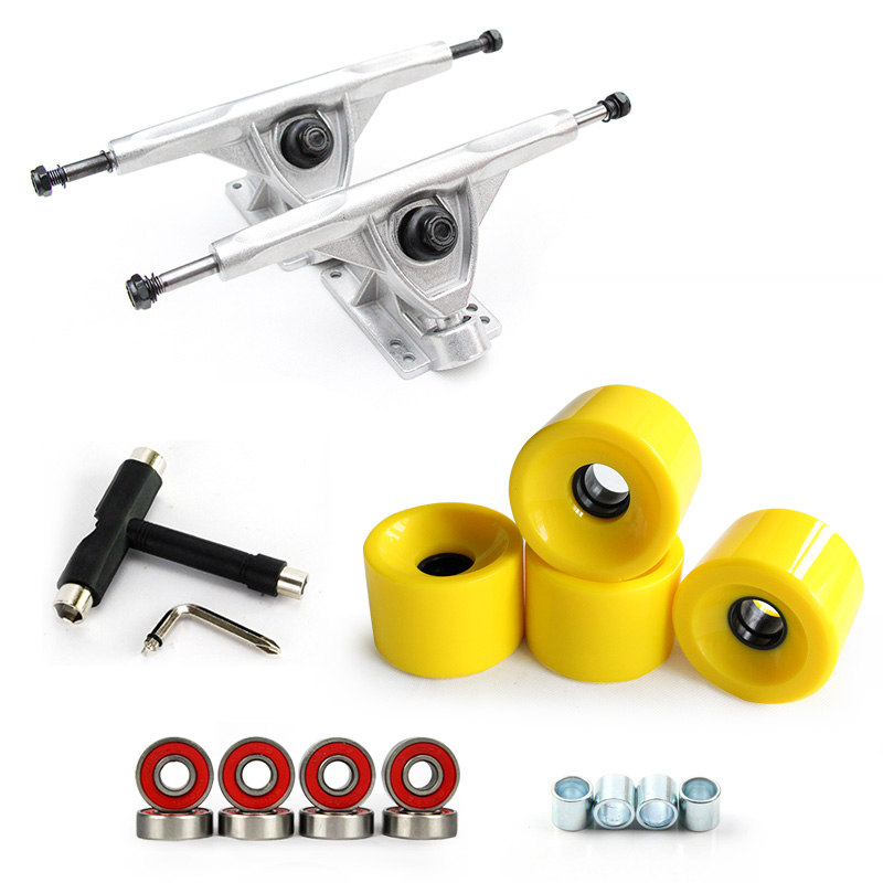 

new 1Pair 7" Longboard Truck Wheels Set 4pcs PU wheels 8pcs Bearing T skateboard tool Skateboard Truck Wheel Combo For Longboard, A1