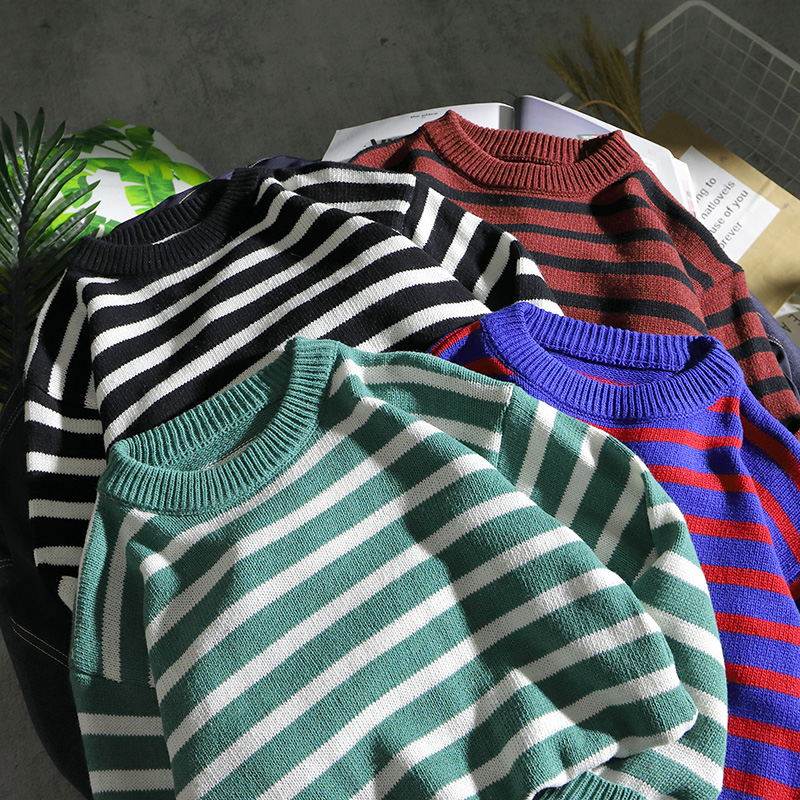 

Fall 2019 New Fashion Couple Bf Style Korean Edition Student Sweater Hip-Hop Stripe Round-neck Knitted Sweater Overcoat Tide, Black