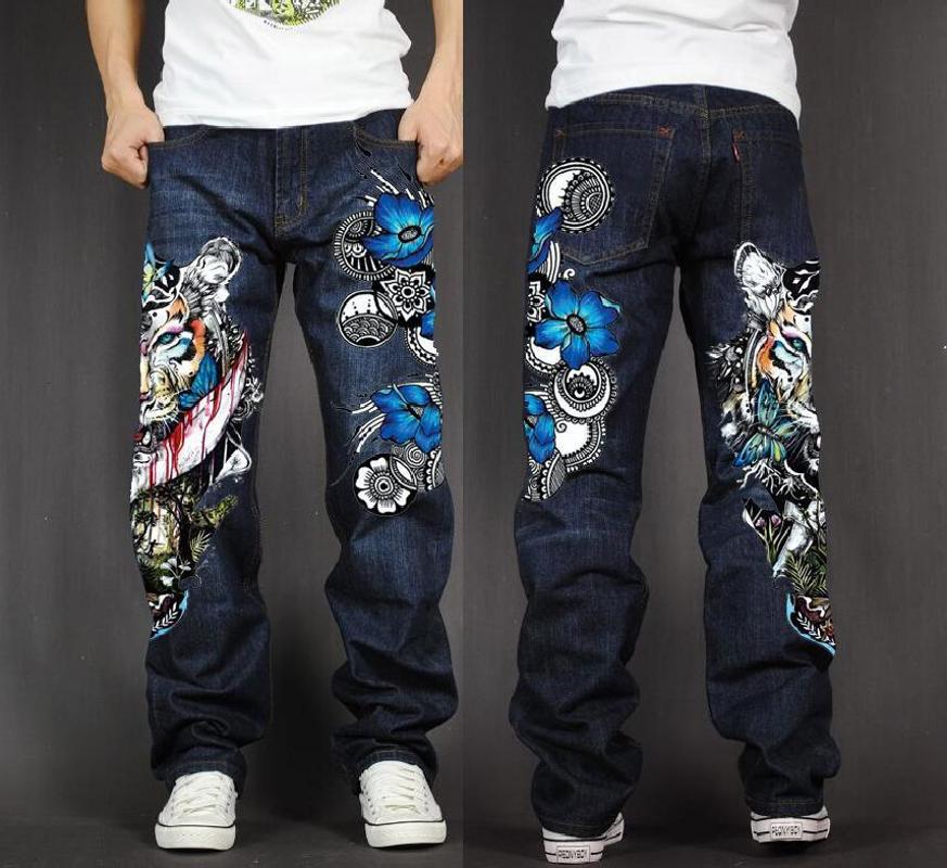

Men's Long Pants Baggy Loose Fit Jeans Rap Hip Hop Skate Denim Print Trousers Straight Stretch Casual Trousers Tiger Flowers, As pic