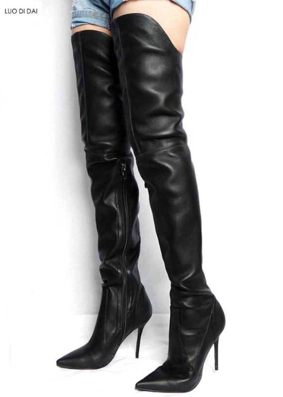 

2020 winter women thigh high boots over knee booties black leather zip up boots ladies point toe long lace up party shoes