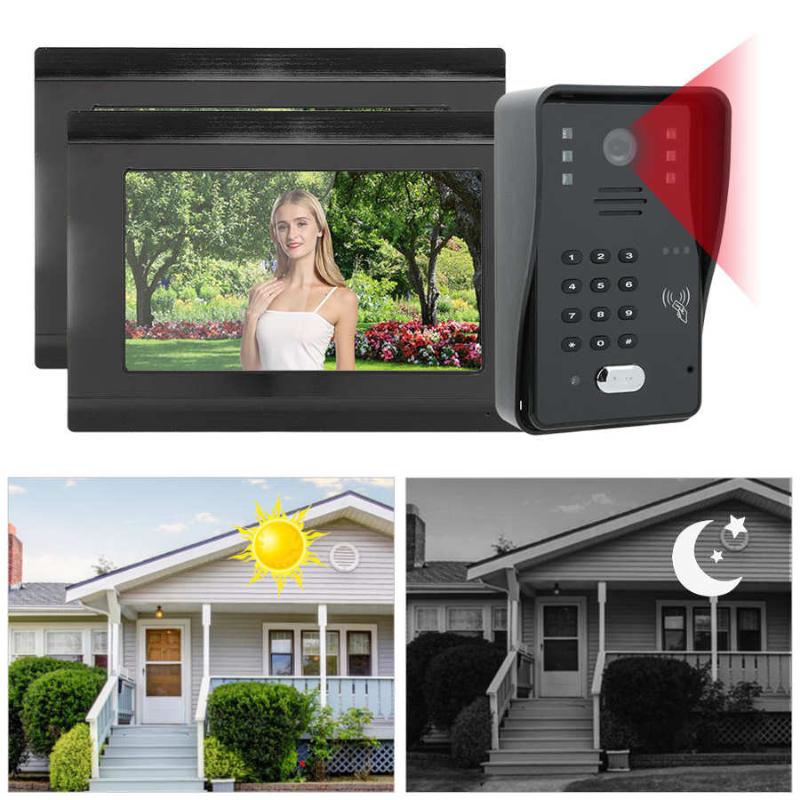 

video peephole 7in Wired Video Doorbell Intercom 2 Monitors TFT LCD Screen Night Vision Remote APP Unlock Rainproof