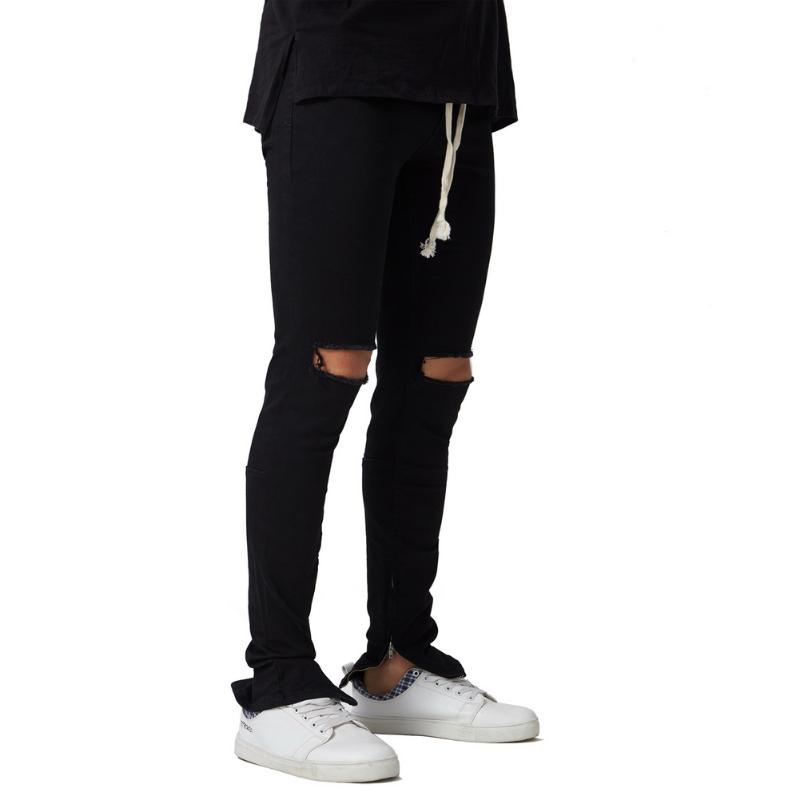

2020 New Men's Stretch Elastic Side Ankle Zipper Ripped Destroyed Hip Hop Skinny Jeans, Black
