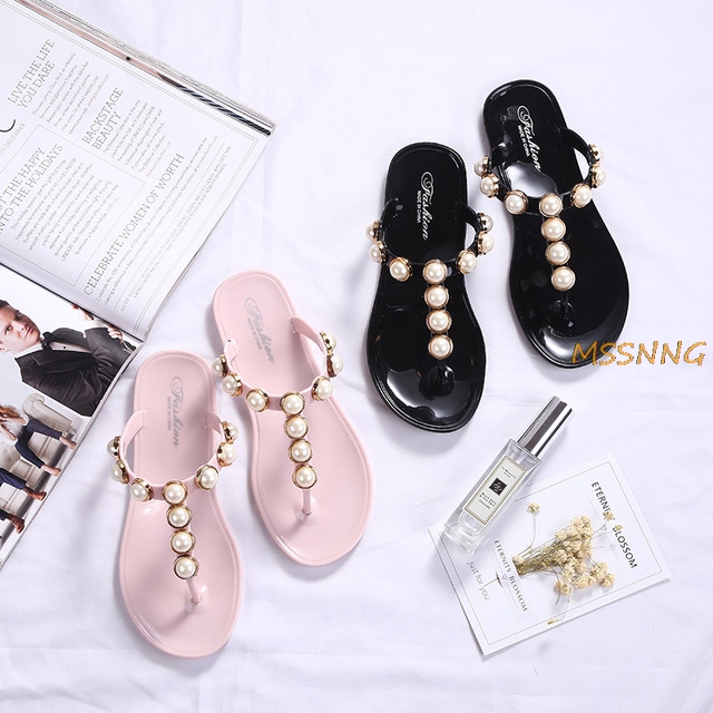 

Summer New Women's Flip Flops Pearls Studded Flat Sandals Outdoor Beach Flip-Flops Foldable New Solid Women's Sandals, Black