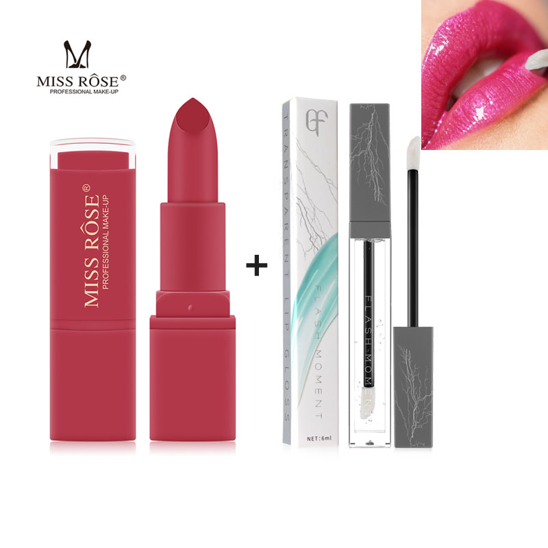

Miss Rose Matte lipstick with Clear Lip gloss Set Waterproof Velvet 12 Colors Pigmented Lip stick Maquiagem Liquid tint, 07