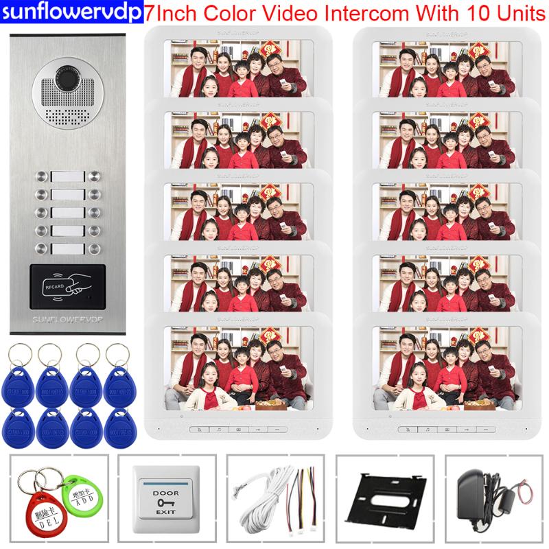 

For 10 Apartments Video Doorphone Monitors Access Control Home Bell Door Intercom 7 inchs Color intercom With Video Kit
