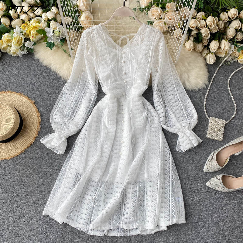 

FTLZZ New Autumn Vintage Puff Sleeve Bead Decoration Midi Dress Elegant Women Lace Patchwork Dress, Black