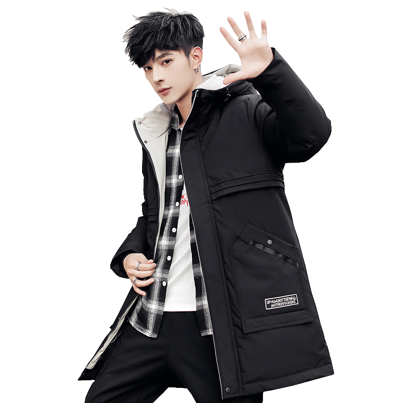 

Men's windbreaker hooded sports jacket jacket winter loose large size long fashion new trend casual street cotton coat, Black