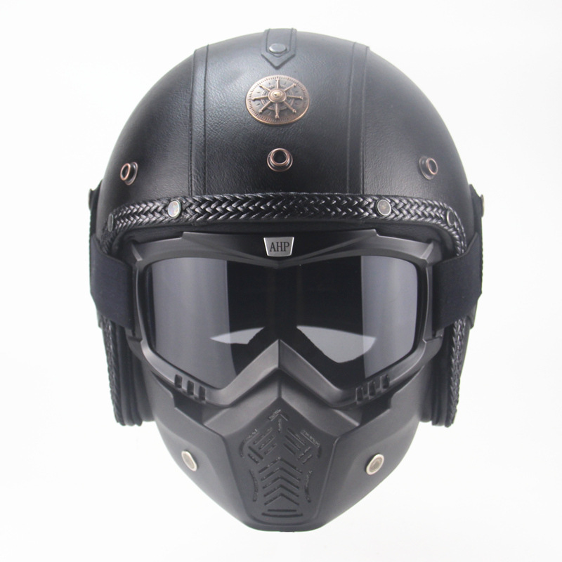 

E-commerce helmet manual personality retro protective helmet electric motorcycle 3 / 4 Leather half turtle King, Black 1