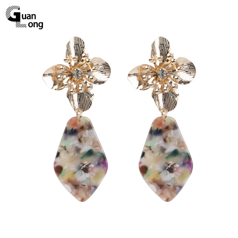 

GuanLong Trendy Long Metal Flower Acrylic Acetic Resin Pendant Fashion Drop Earrings for Women Geometric Crystal Earring Jewelry