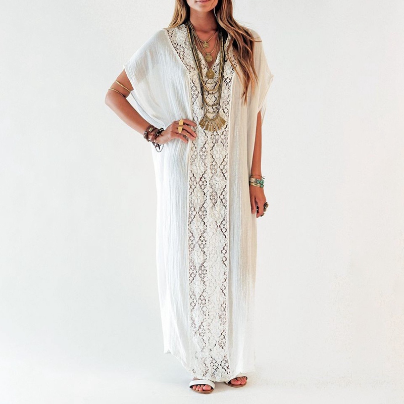 

Women V Neck Long Robe Short Sleeve Maxi Dress Summer Wrap Loose, White