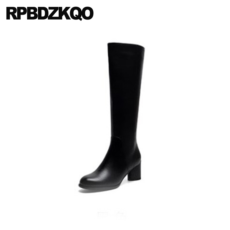 

long high heel luxury knee shoes round toe tall winter chunky side zip boots black genuine leather autumn women fur block 9 2020