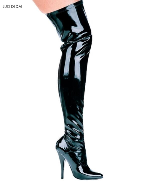 

2020 fashion point toe long boots thin heel thigh high boots women party shoes patent leather over knee high dress shoes, Black