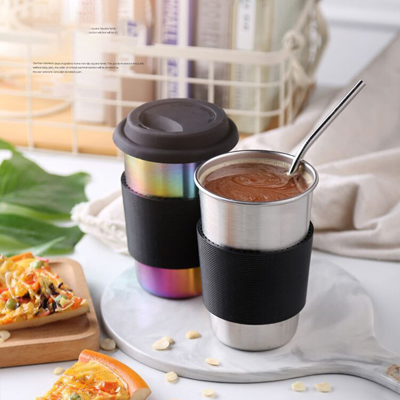 

350/500ml Stainless Steel Coffee Cup Mug With Cup Sleeve Portable Coffee Mug for Office Travel Picnic Colorful Water Bottle, Silver