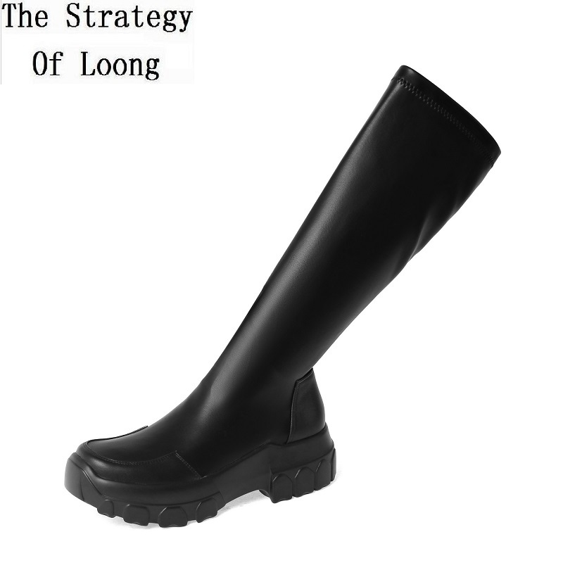 

Spring Autumn New Internal Celebrity Slim Genuine Leather Women Long Stretch Boots Winter Plush Ladies Knee-High Botas 20200904, Spring autumn black