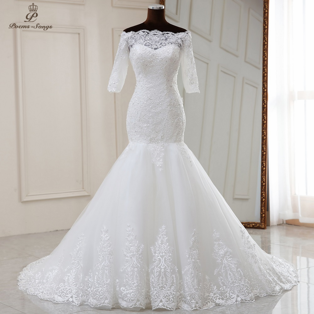 

Real photo New Elegant Half sleeve mermaid wedding dress2020 marriage dress robe de mariee vestido de noiva sereia wedding gowns, White