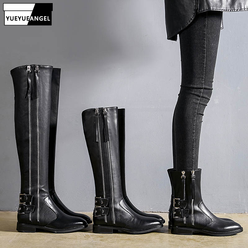 

Fashion Women Winter Zipper Knee High Knight Boots Zipper Low Heels Genuine Leather Riding Boots Handsome Punk Shoes, Ankle boot normal