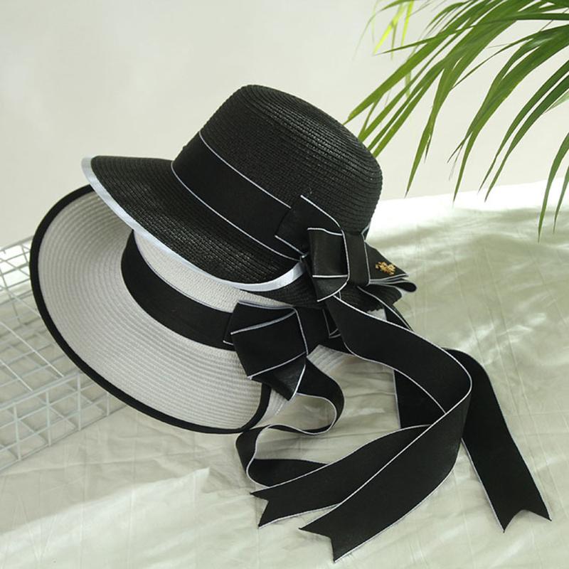 

2020 Summer Wide Birm Straw Hats Women Solid Color Bow Handmake Hepburn Style Beach Chapeau, Long black ribbon