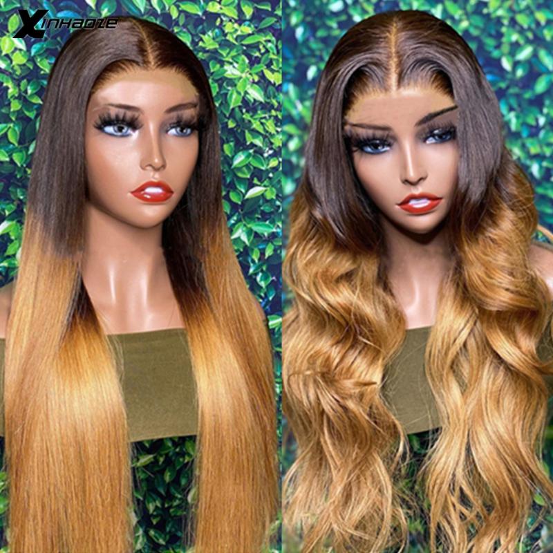 

Ombre Blonde T1b/27 Lace Front Human Hair Wigs With Baby Hair Wave Straight Brazilian Remy 13x6 Glueless Lace Wig Bleached Knots, 1bt27 bw